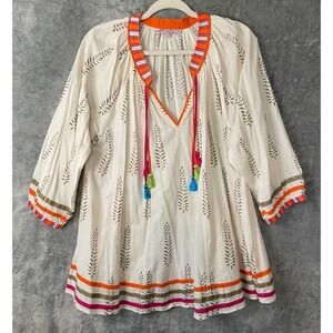Calypso St. Barth Top Medium Cream Ribbon Trim Tassels Balloon Sleeve Boho Shirt